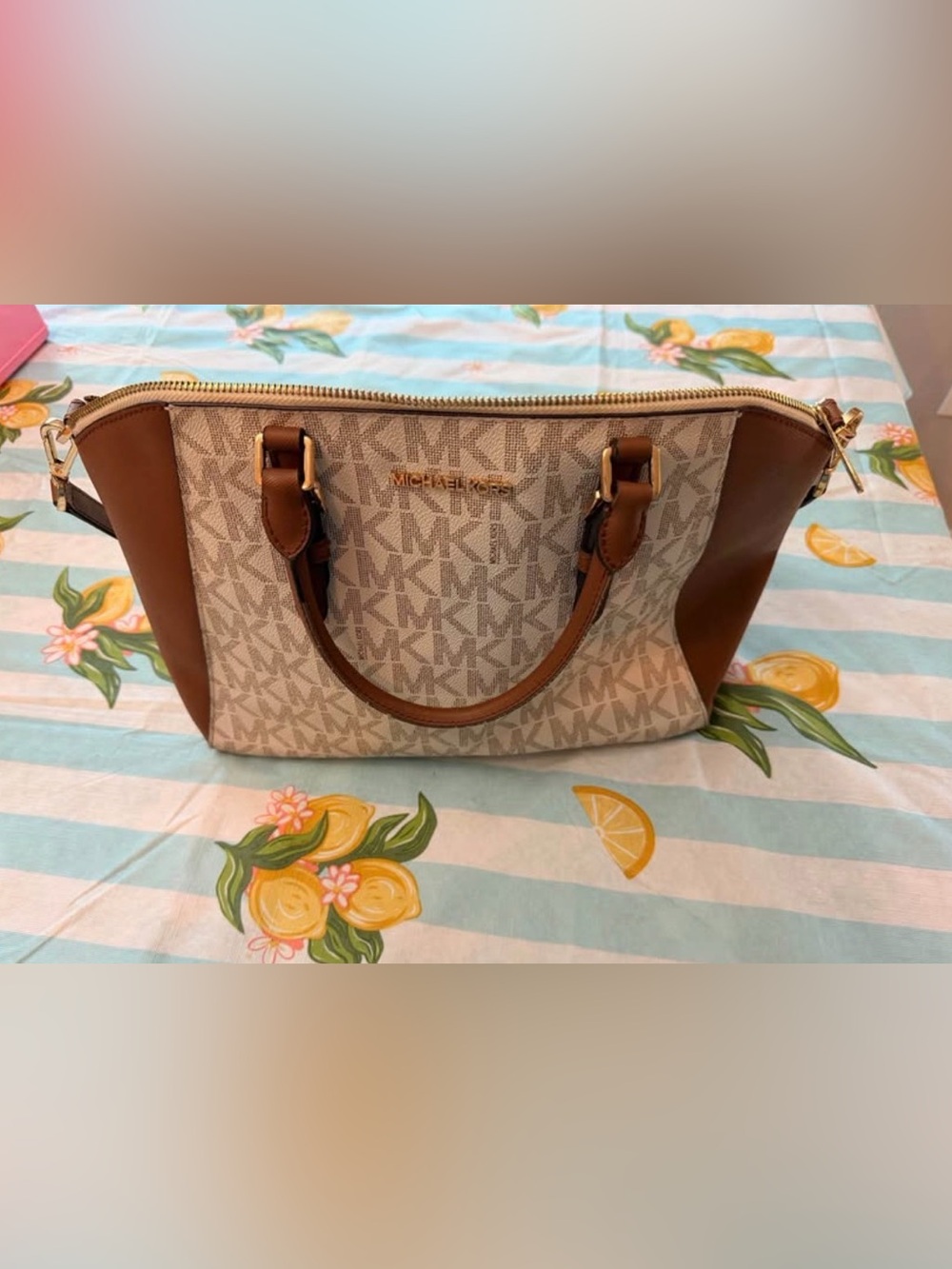 Michael Kors Beige Logo and Brown Leather Satchel